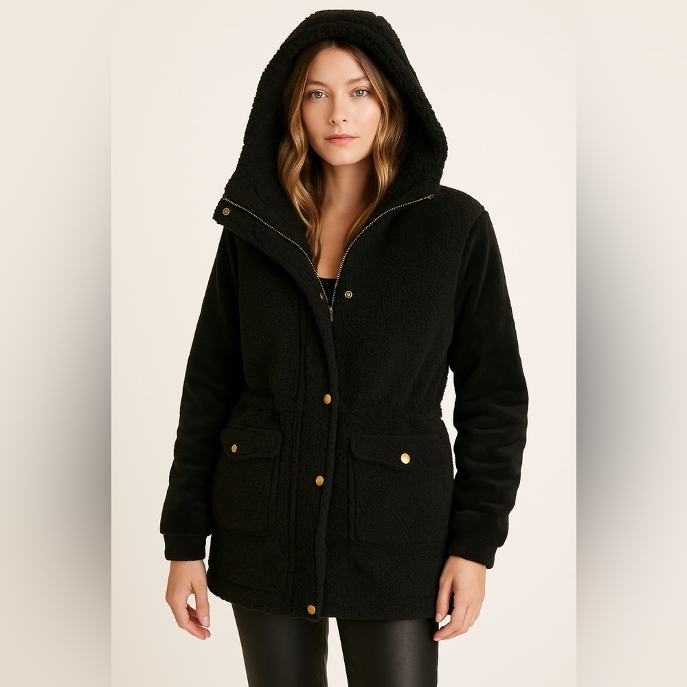 Eden Society XS Black Quilted Hooded Parka With Zipper & Snap Closure